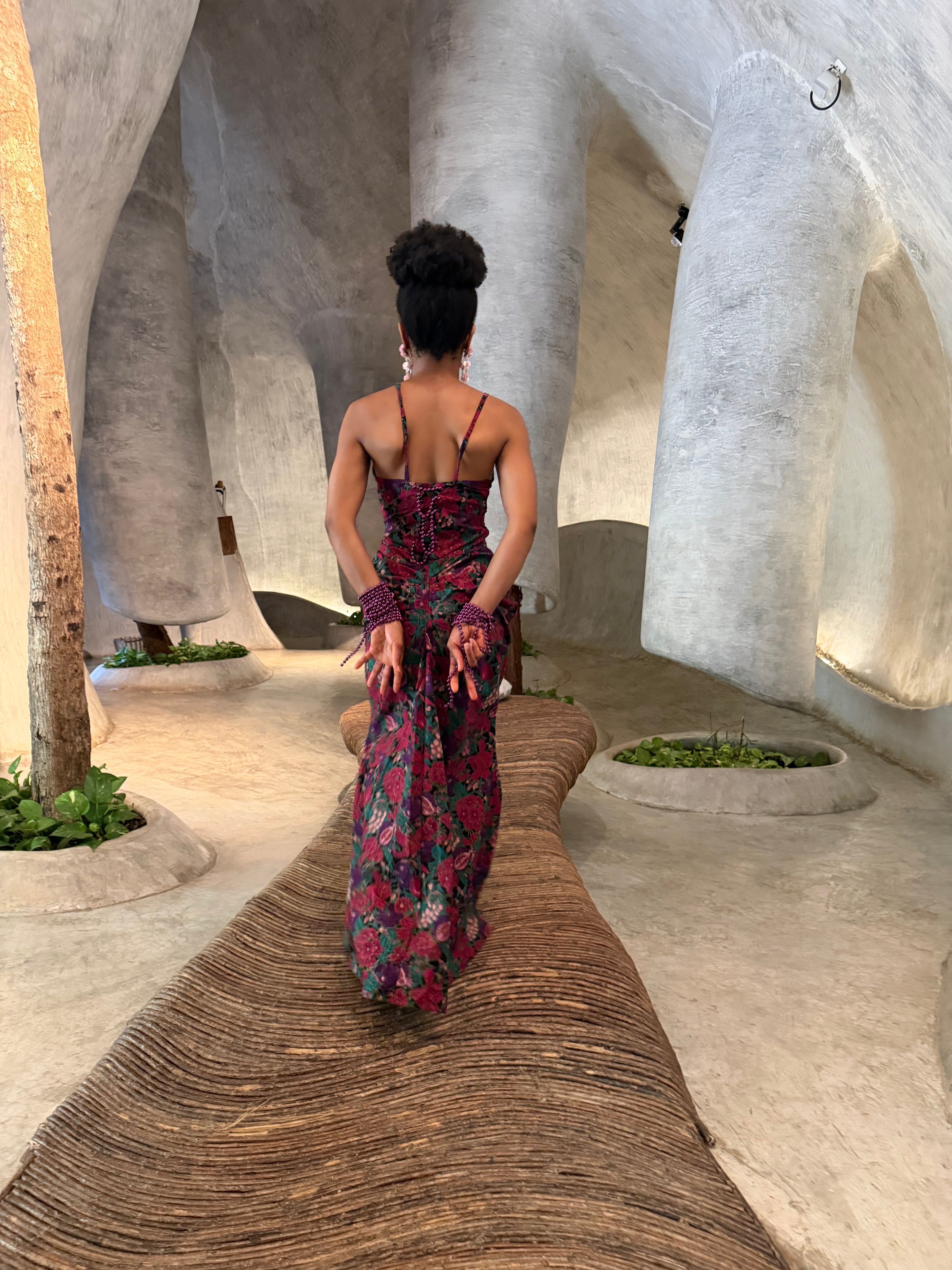 Darling Grace – Floral Ruched Maxi Dress with Beaded Details