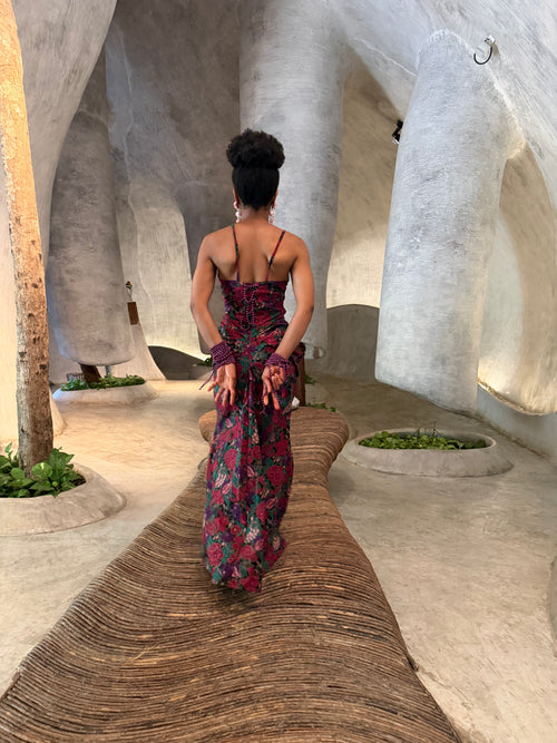 Darling Grace – Floral Ruched Maxi Dress with Beaded Details