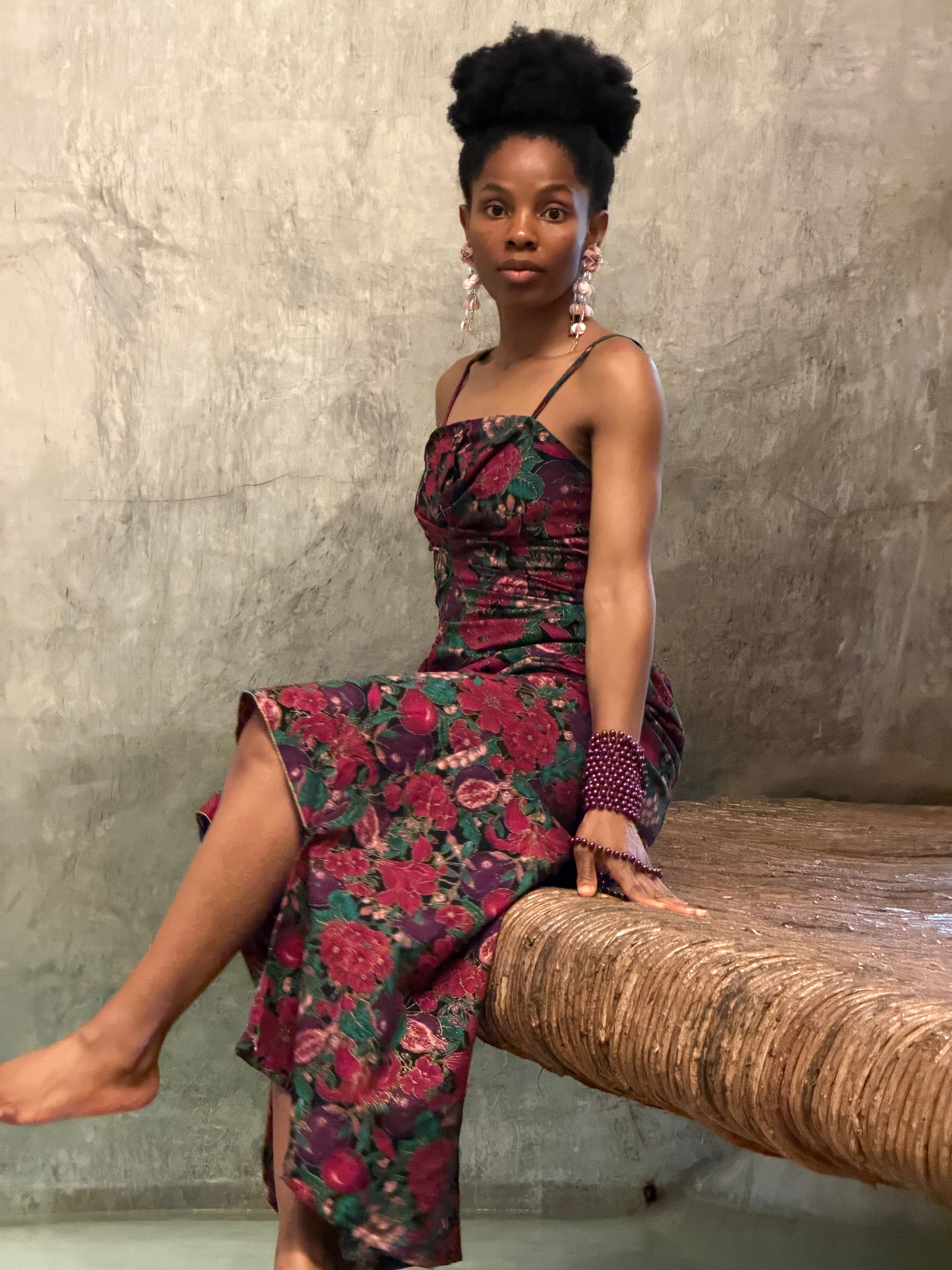Darling Grace – Floral Ruched Maxi Dress with Beaded Details